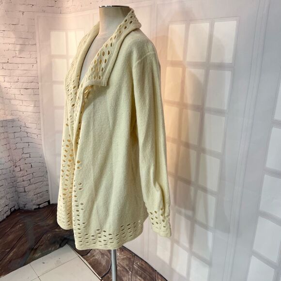 Chico's Cream 100% Wool Perforated Cutout Open Cardigan Sweater Size XL - Picture 3 of 10